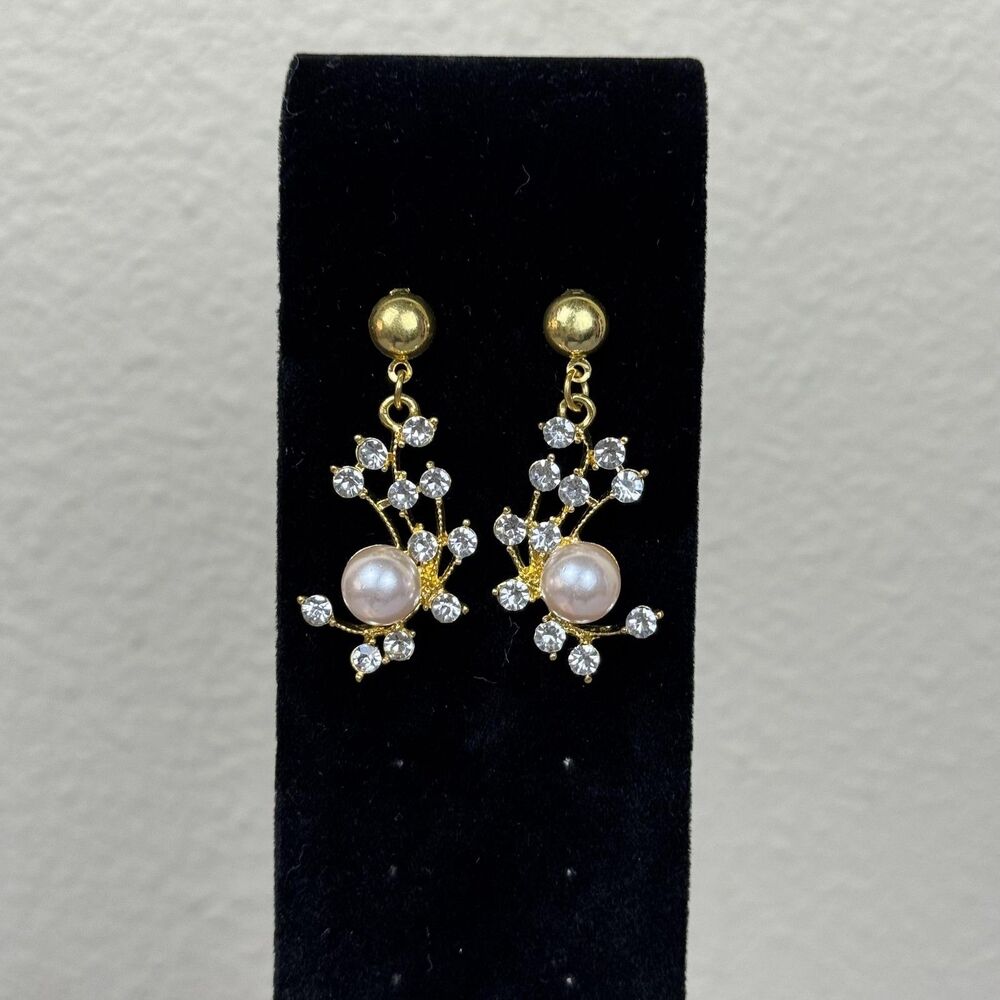 Gold Tone Pearl Rhinestone Flower Dangle Drop Earrings 1.5 In Womens Jewelry